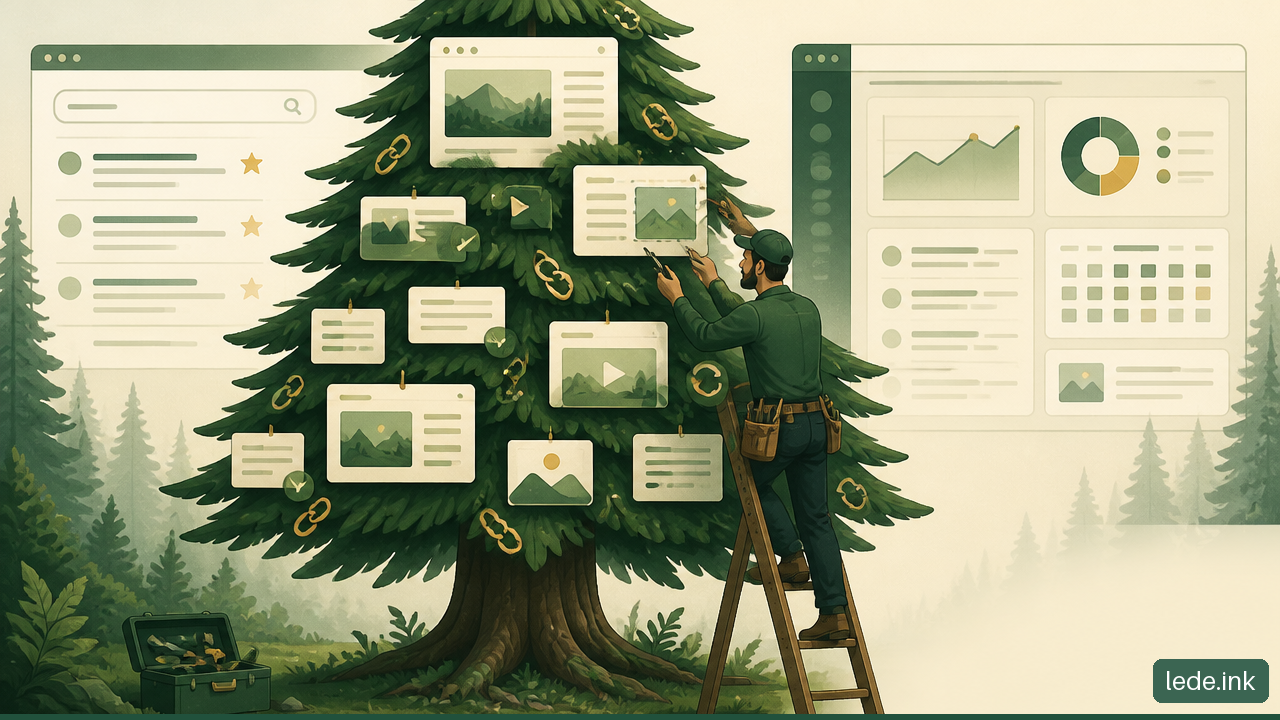 Editorial illustration of evergreen content being maintained through updates, repairs, and content review.
