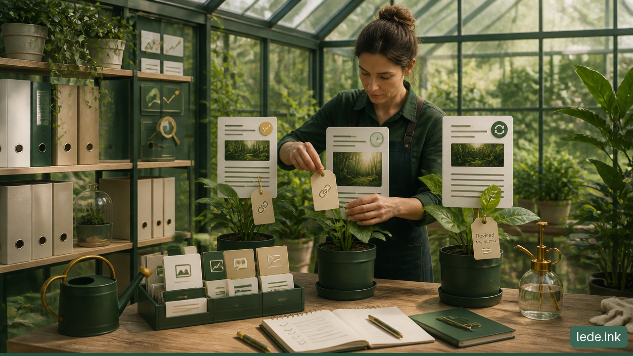 Illustration of an editor maintaining a living library of evergreen content pages.