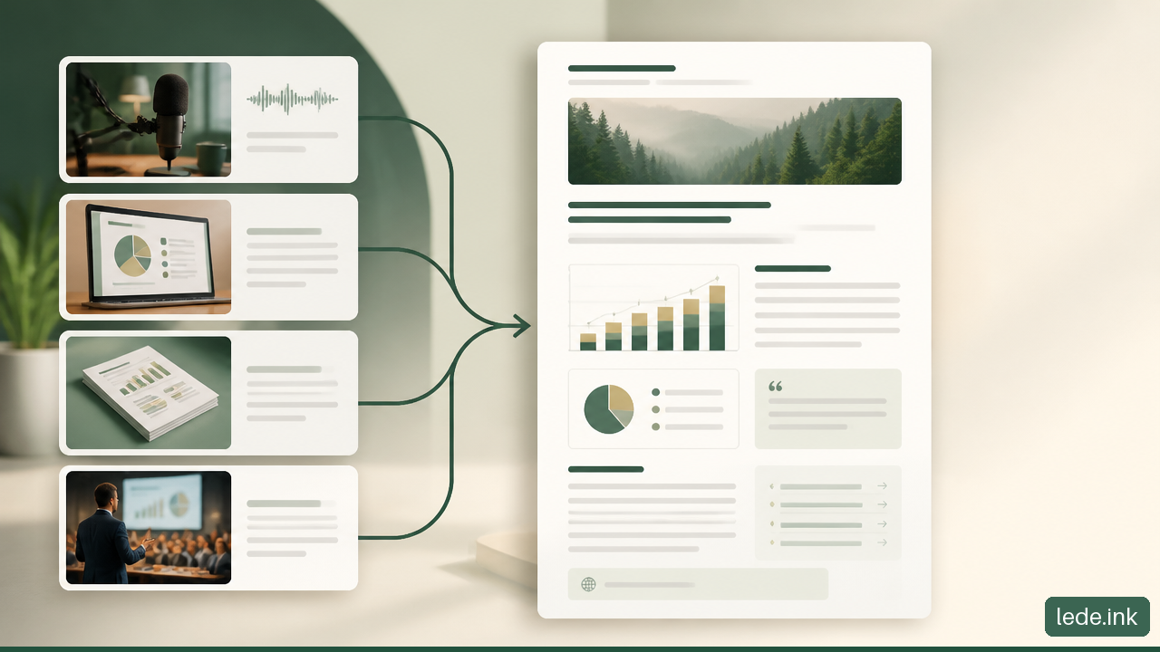 Illustration of podcasts, webinars, reports, and talks being converted into an evergreen article.